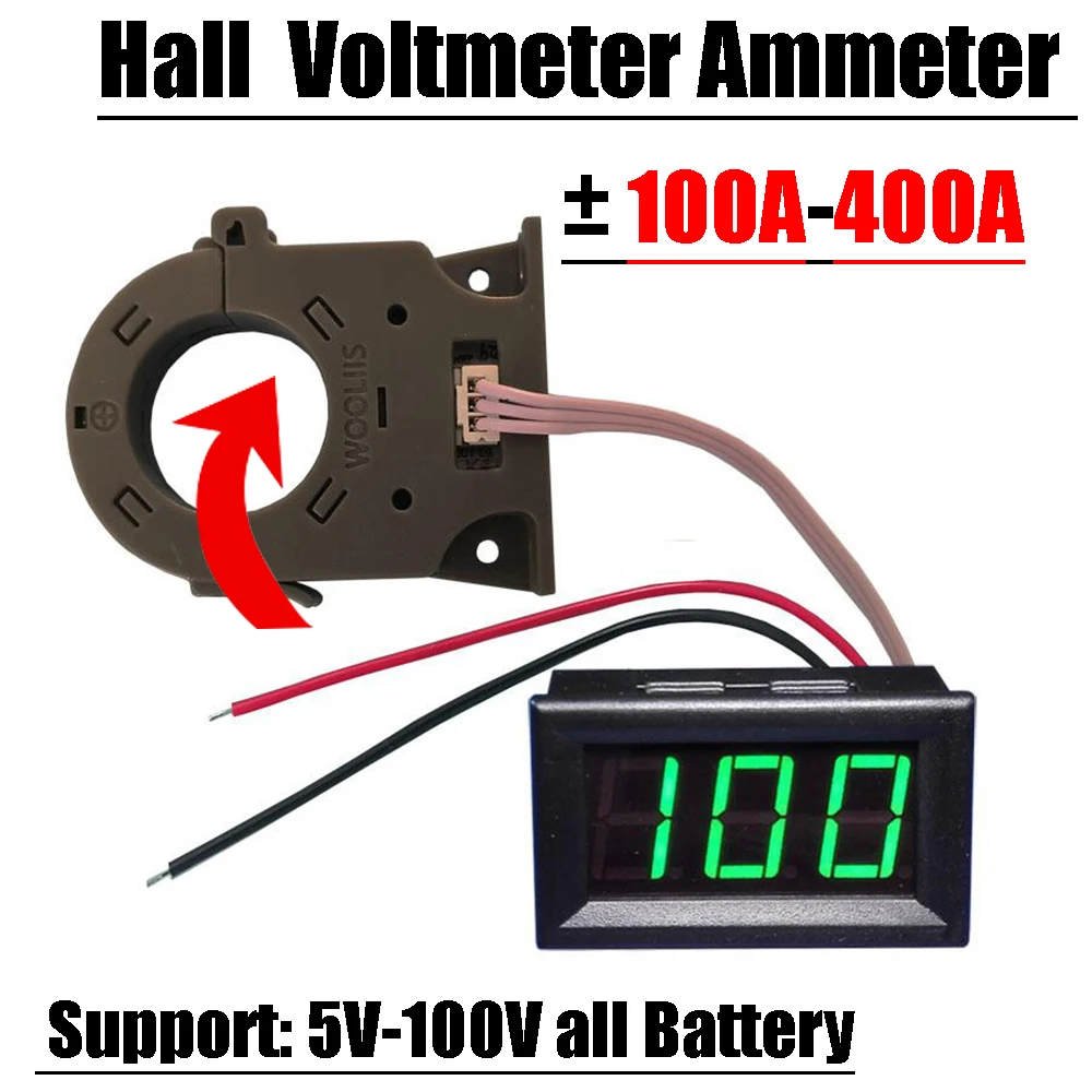 100A 400A Hall Ammeter Voltmeter Battery Charge Discharger Voltage Current LED Digital Meter BMS 12V 24V 36V 48V 60V Lead-acid