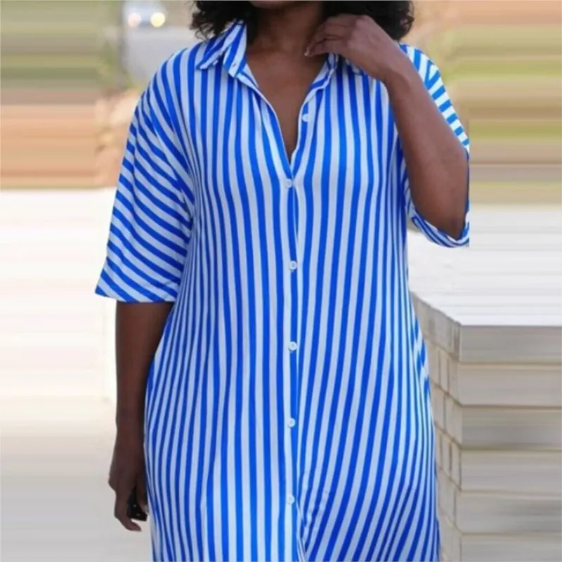 Women\'s Shirt Maxi Dress Summer Fashion Loose V-neck Button Long Striped Shirts Dresses For Women Robe Femme Casual Clouthing