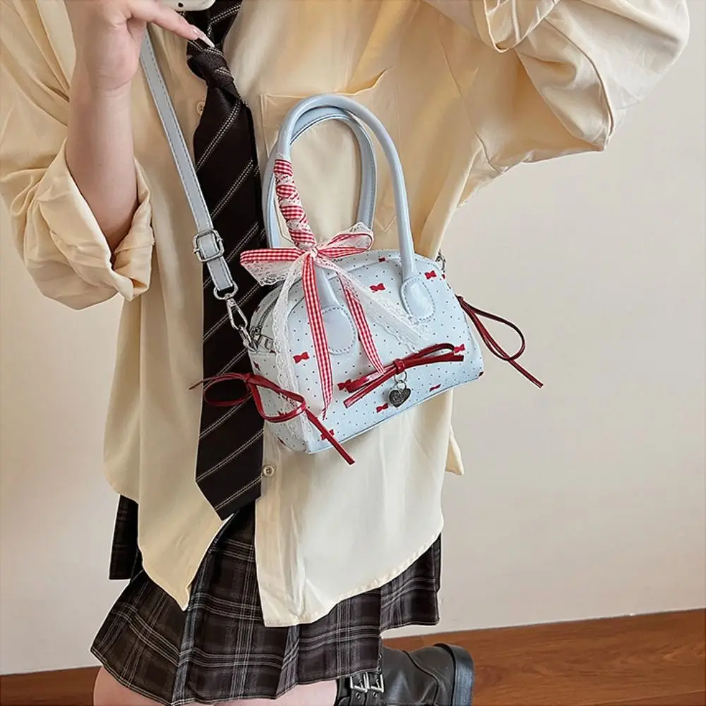 

Fashion French Style Bow Ribbons Bowling Bag Elegant Large Capacity Boston Shoulder Bag Casual PU Leather Women Handbags Women