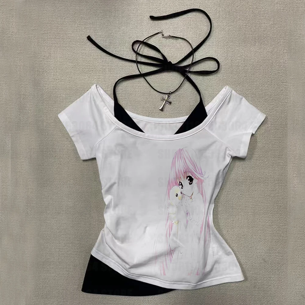 Goth Women's T-shirts Female Clothing 90s Vintage Clothes for Women Star Girl Y2k Kitty Kawaii Kpop Gothic Emo T-shirt Woman Top