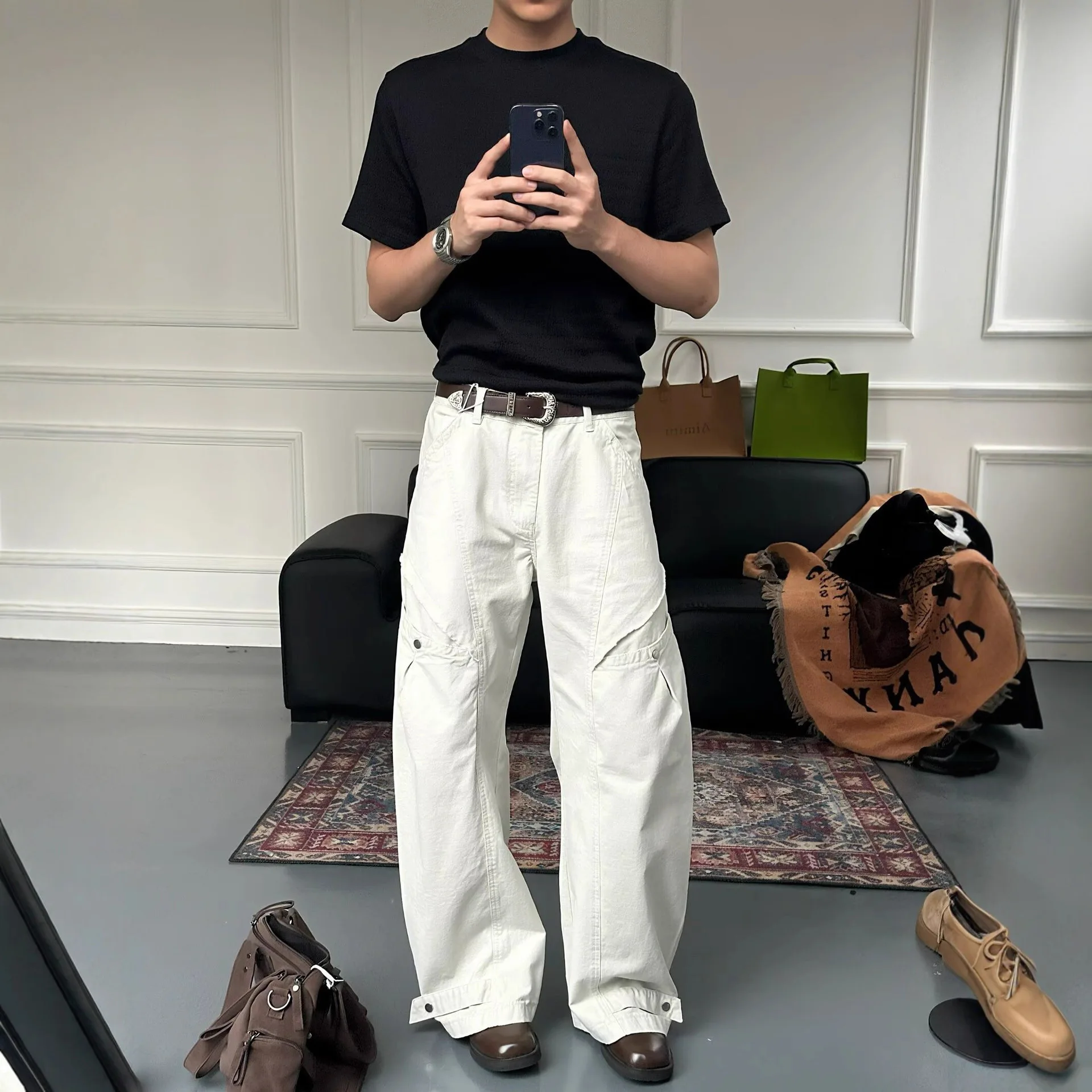 

Men's American design sense deconstructed design cargo scimitar jeans men's and women's trendy brand retro loose straight slacks