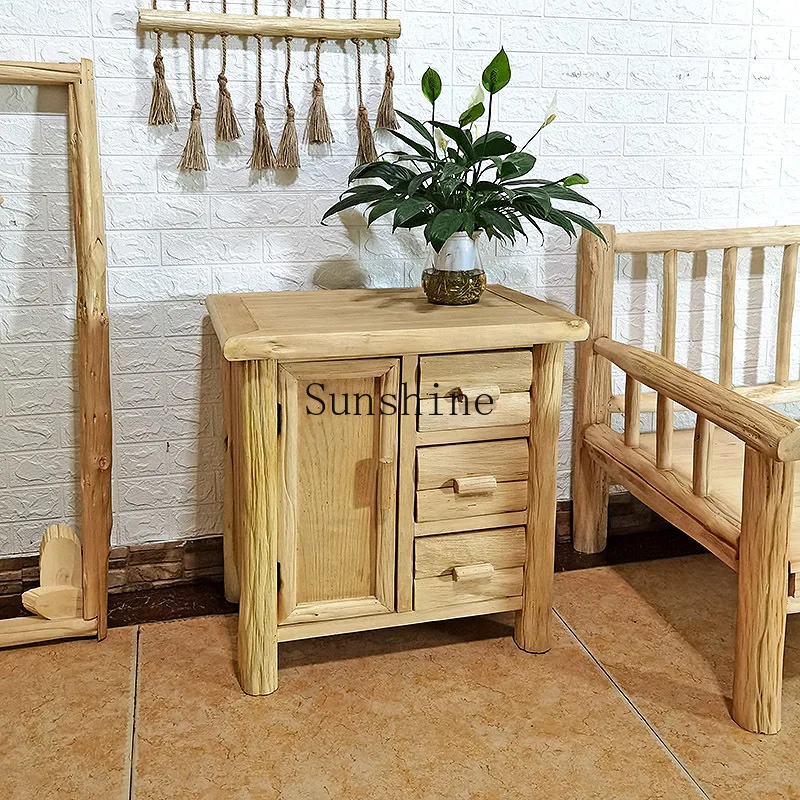 

Log wind multi-layer bedroom storage bedside locker wabi sandy wind solid wood floor-to-ceiling homestay decoration