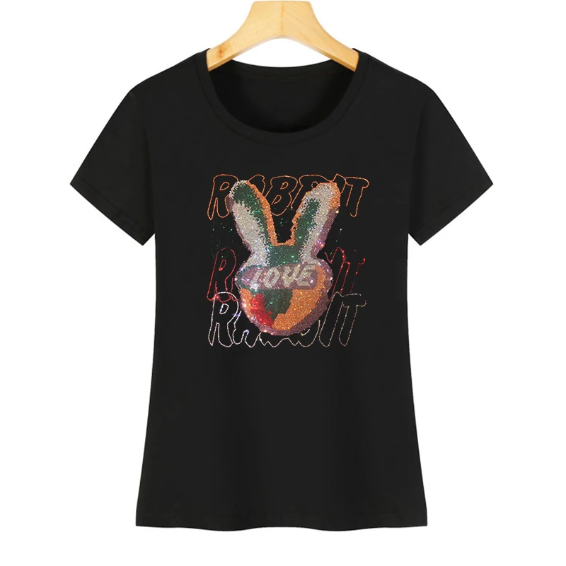 

Stylish summer casual women's T-shirt with a shiny cute cartoon rabbit rhinestone design