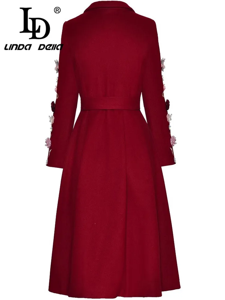 LD LINDA DELLA Elegant Women\'s Wine red Coat Single-breasted Unique Appliques Design Lace-Up Autumn Winter Long Sleeved Overcoat