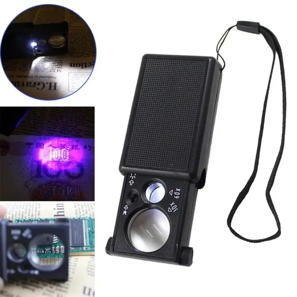 Portable Handheld Jewelry Magnifying Glass 30X 60X with 12 LED UV Light for Watch Repair Currency Detection Reading