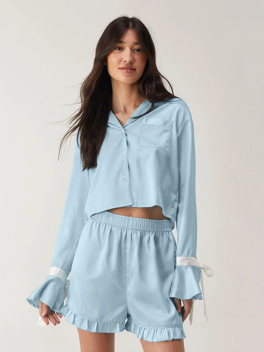 

Marthaqiqi Casual Female Pajama Set Long Sleeve Sleepwear Turn-Down Collar Nightie Crop Top Nightgown Shorts Blue Nightwear Suit