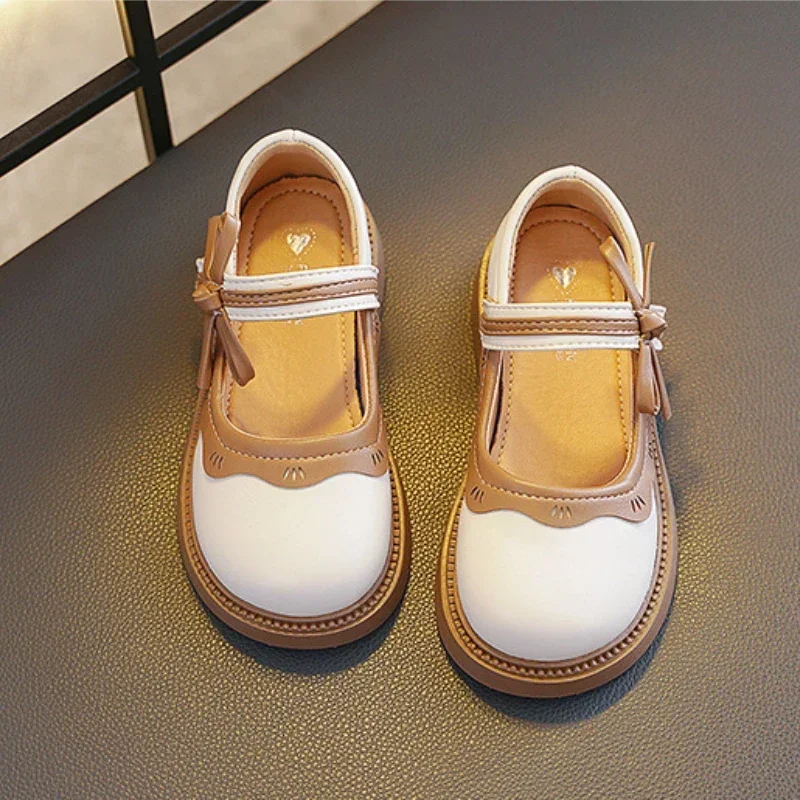 2023 Autumn Girl Leather Shoes Shallow Bowknot Elegant Kids Mary Jane Shoes Fashion Ruffled Edge School Children Princess Shoes