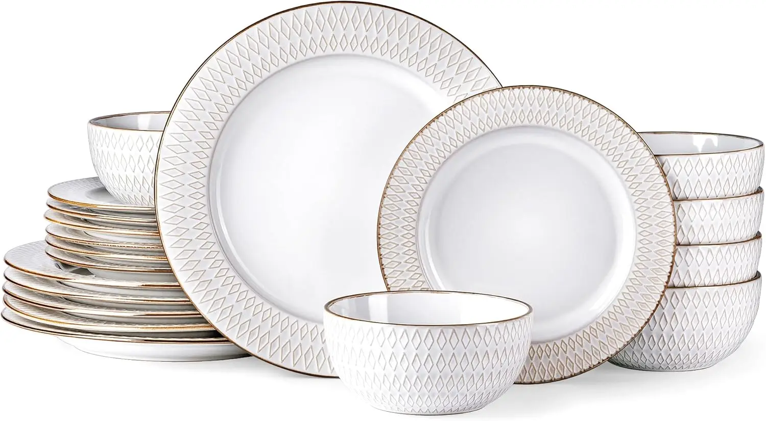 

Ceramic Dinnerware Sets,18 pcs Embossed Elegant Stoneware Plates and Bowls Sets, Housewarming Wedding Gift | Dishwasher & Microw