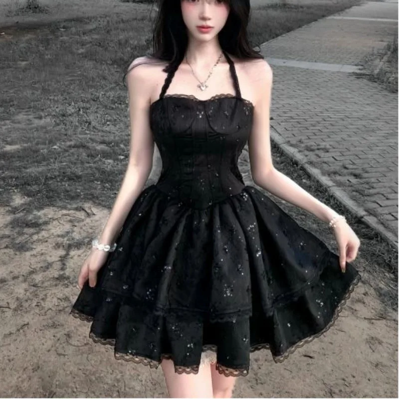 

Женское черное платье без бретелек, летняя многослойная сетчатая юбка в готическом стиле, облегающая элегантная вечерние мини-эстетичная одежда с вышивкой звезд