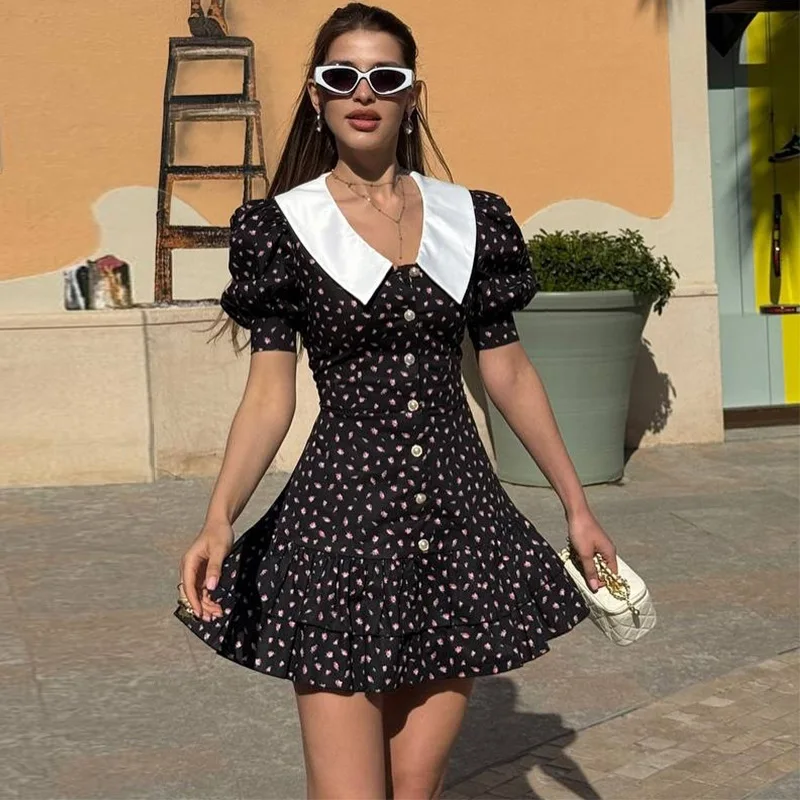 

Talenza Floral Print Dress Women's Puff Sleeve Lapel Pearl Button Ruffled High Waist Mini Dress Lady Fashion Elegant Party Dress