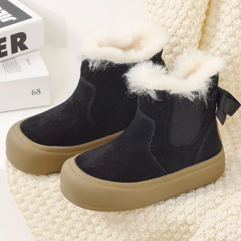 Ankle Boots de pele quente para crianças Chelsea, Soft Sole Snow Boots, Toddler Shoes, Baby Girls, Children, Kids, Brand, Fashion, Winter, 2023