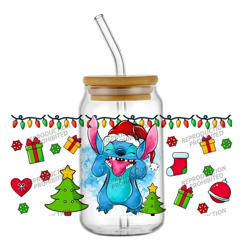 

New 3D Disney Stitch Lilo Christmas UV DTF Waterproof Sticker DIY Wrap Decal for 16oz Cup Mug Wraps Easy to apply