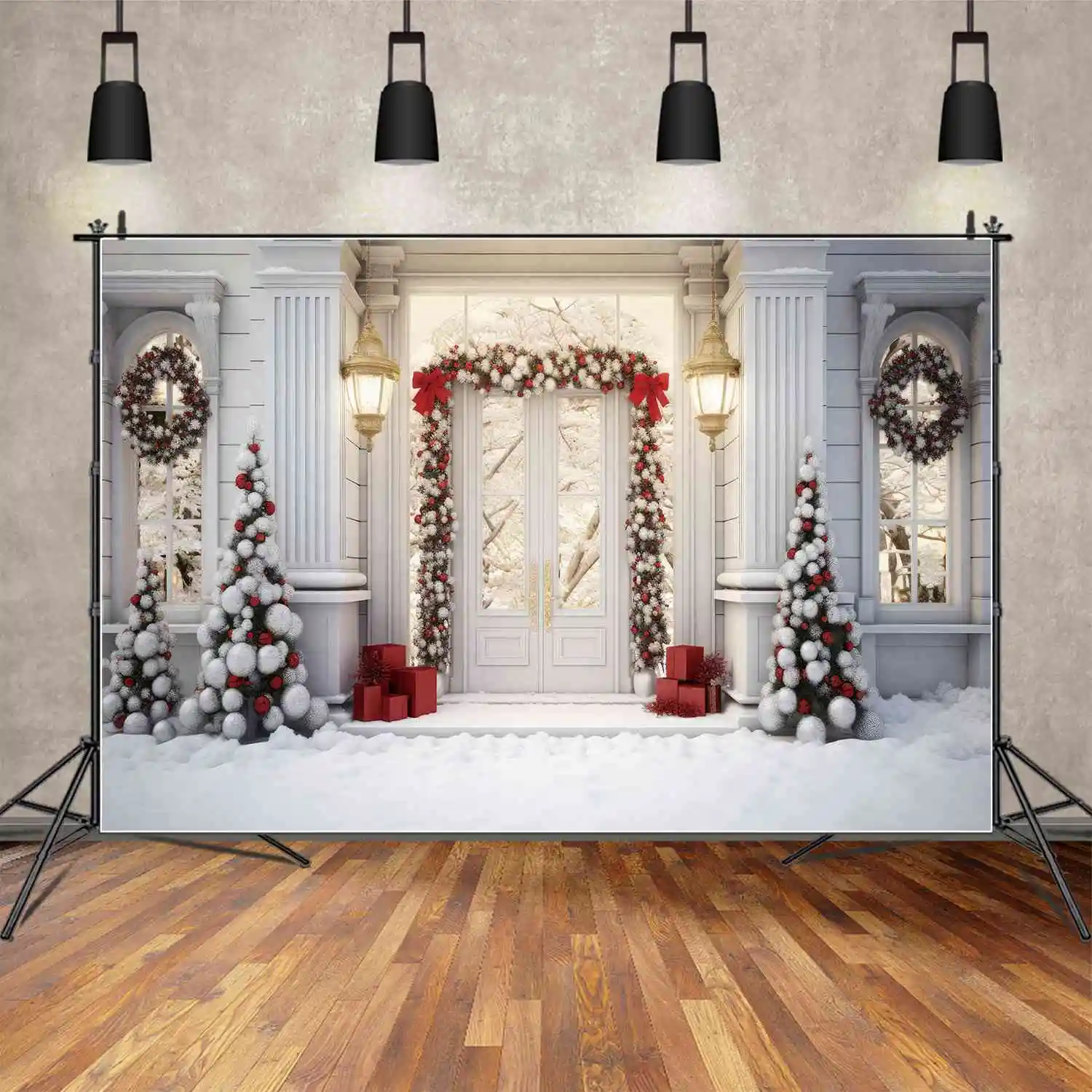 MOON.QG Photography Backdrop White Christmas Porch Door Lamps Wreath Pine Tree Background Snow Floor Red Silver Balls Decoration