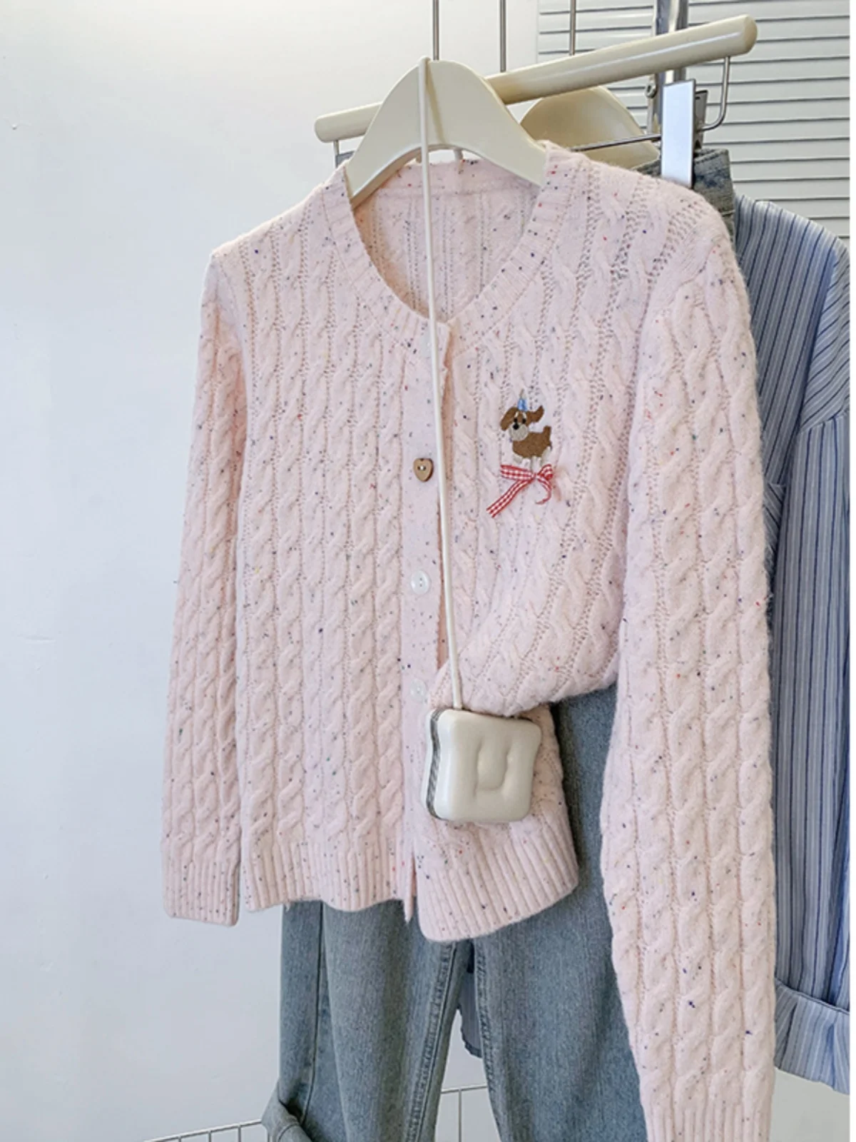 

Sweet Pink Knitted Open Cardigan Women's Slim Fit Embroidered Base irt Sweater Soft Autumn Winter Faion Commute Sle