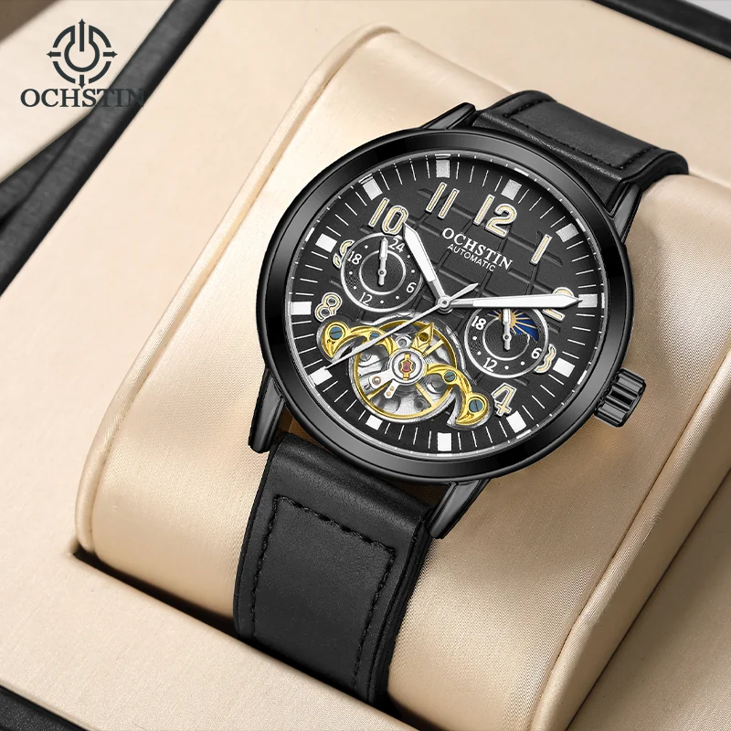 OCHSTIN Men's Magnetic Buckle Leather Tape Flywheel Hollow Machinery Watches Masterpiece Craftsmanship Series Waterproof Watch