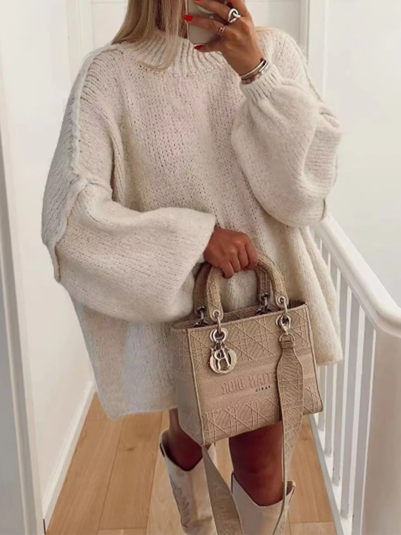 

Women's Autumn Winter Fashion Sweater Comfortable Loose Fit Solid Color Drop-Shoulder Sleeve Mock Neck Casual Sweater