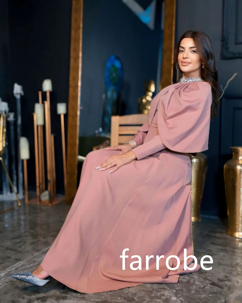 Robe Mi-Longue Plissée en Jersey de Haute Qualité Personnalisée, Ligne A, Paillettes, Col Rond, sur Mesure, Classique, Exquis, Style Moderne