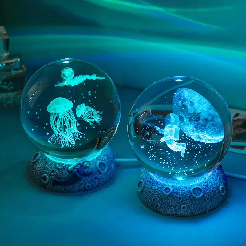 Crystal Ball Night Lights Glowing Sea Jellyfish Astronaut Table Lamp USB Atmosphere Lamp Table Decorations Kid Gifts Night Lamp