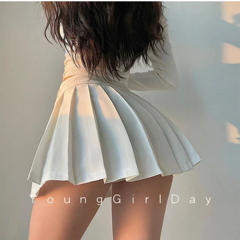 Pleated Skirt with Shorts Women Sexy High Waist Irregular White Black A-line Gyaru Tennis extreme Mini Skirt School 2024