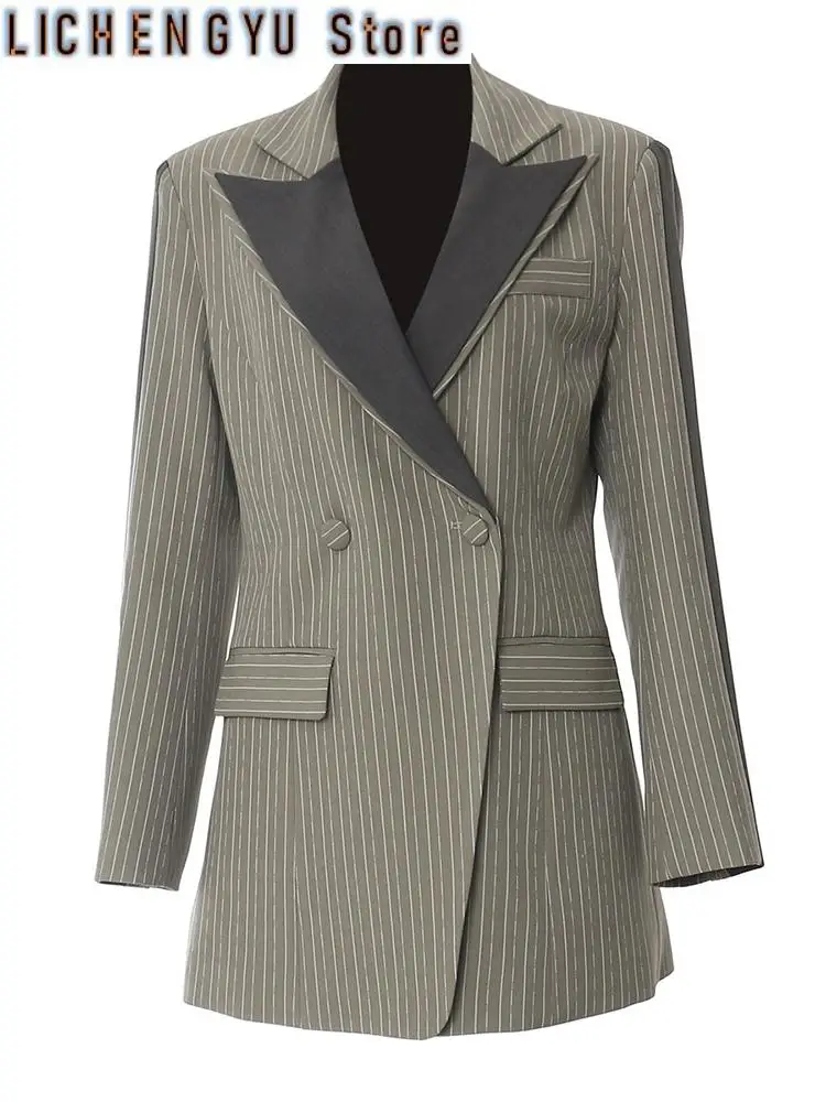 

Women Green Striped Color-block Elegant Blazer New Lapel Long Sleeve Jacket Fashion Tide Spring Autumn