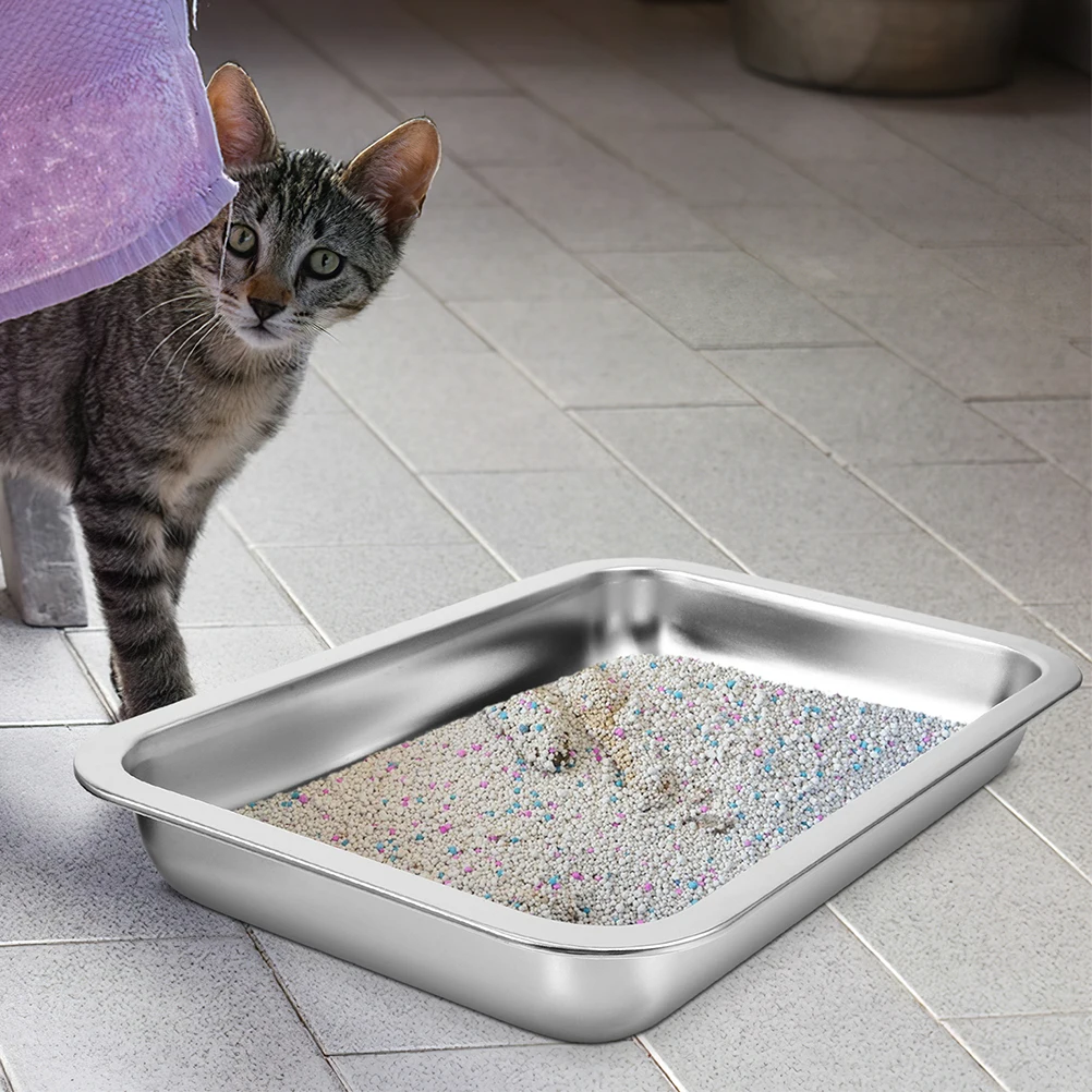 

2pcs Cat Litter Box Stainless Steel Small Portable Tray Sand Basin Kitten Pan Open Shallow Rabbit Litter Travel Pet Training