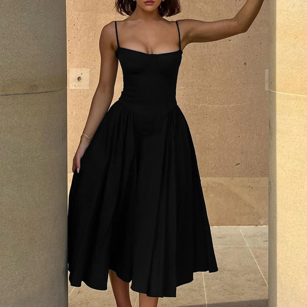 

Sexy V-neck suspender medium and long dress waist thin backless dress fashionable simple and versatile temperament elegant holid