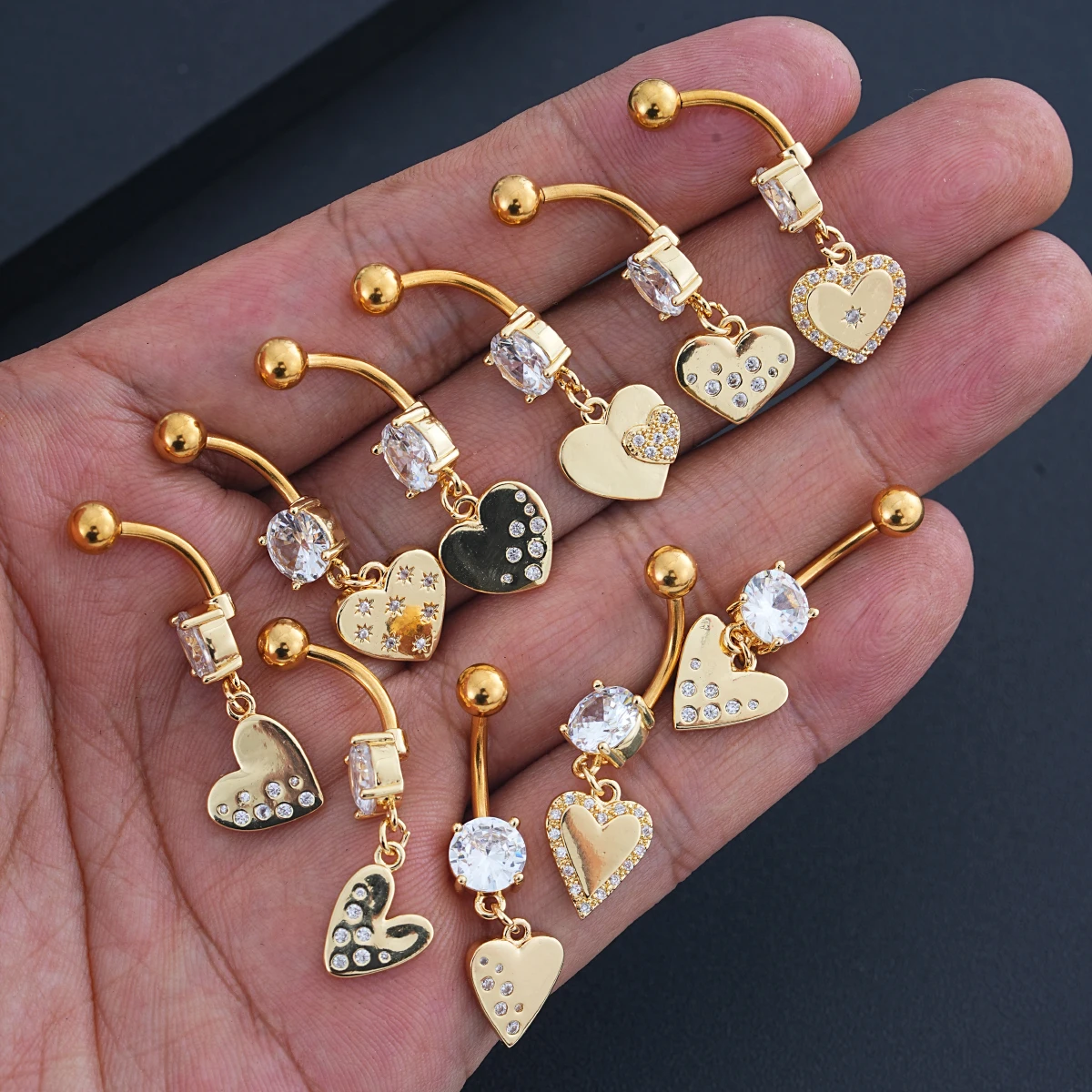 Mixed-Style Heart Dangled Belly Button Ring Gold Color Wing Flower Crystal Zircon Belly Piercing Nombril Navel Jewelry for Women