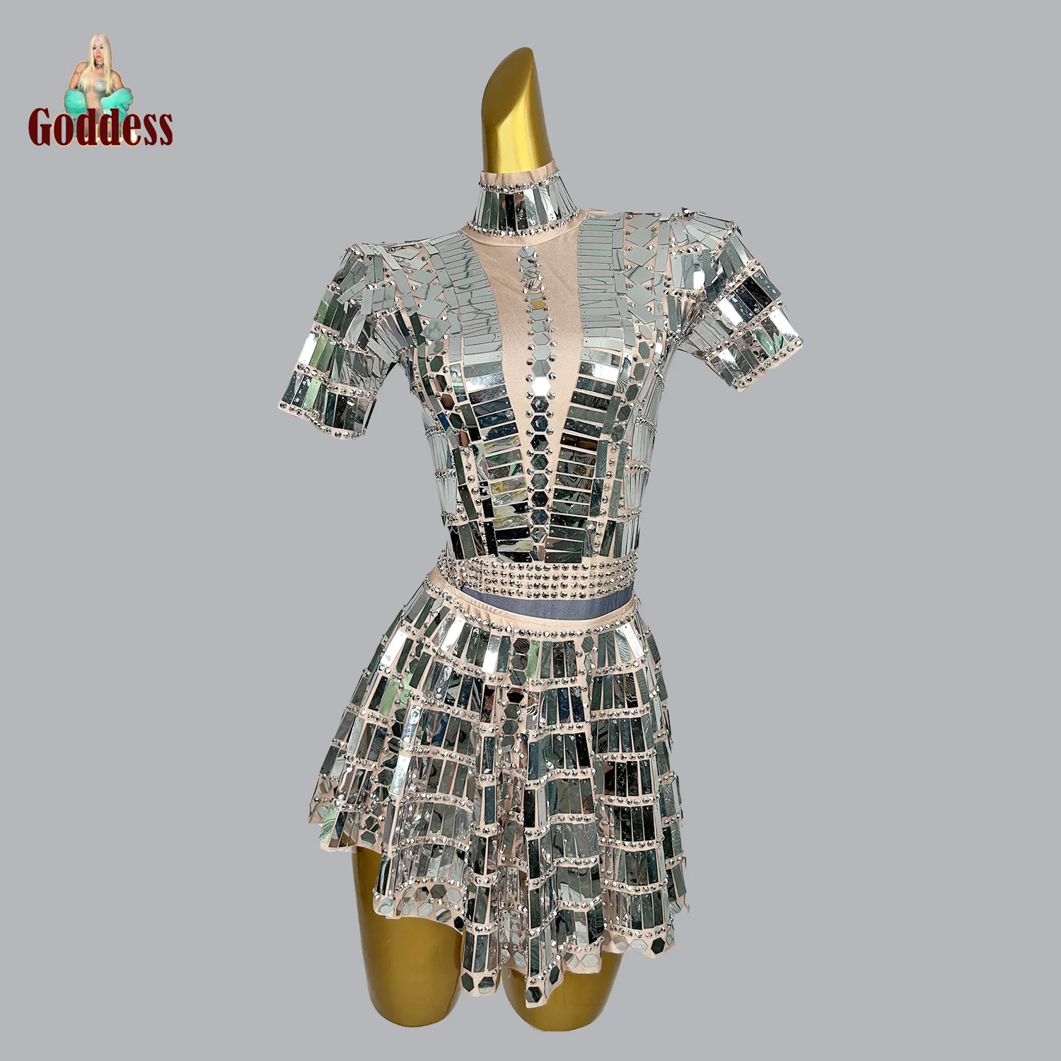 

Sparkly Sequins Rhinestones 2Pcs Set Short Skirt Sexy Show Stage Outfit Dance Performance Costume Nightclub Party Birthday Dress