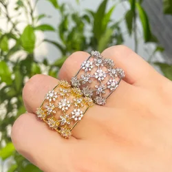 CWWZircons Adjustable White Gold Plated Cubic Zirconia Cluster Flower Hollow Out Big Wide Bridal Wedding Rings for Women R224