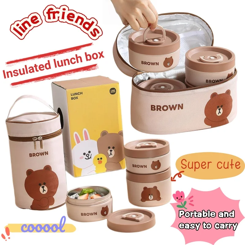 

New Line friends Brown Cony Sally Simple and Durable Stainless Steel Round Insulated Lunch Box Student Office worker Lunch Box
