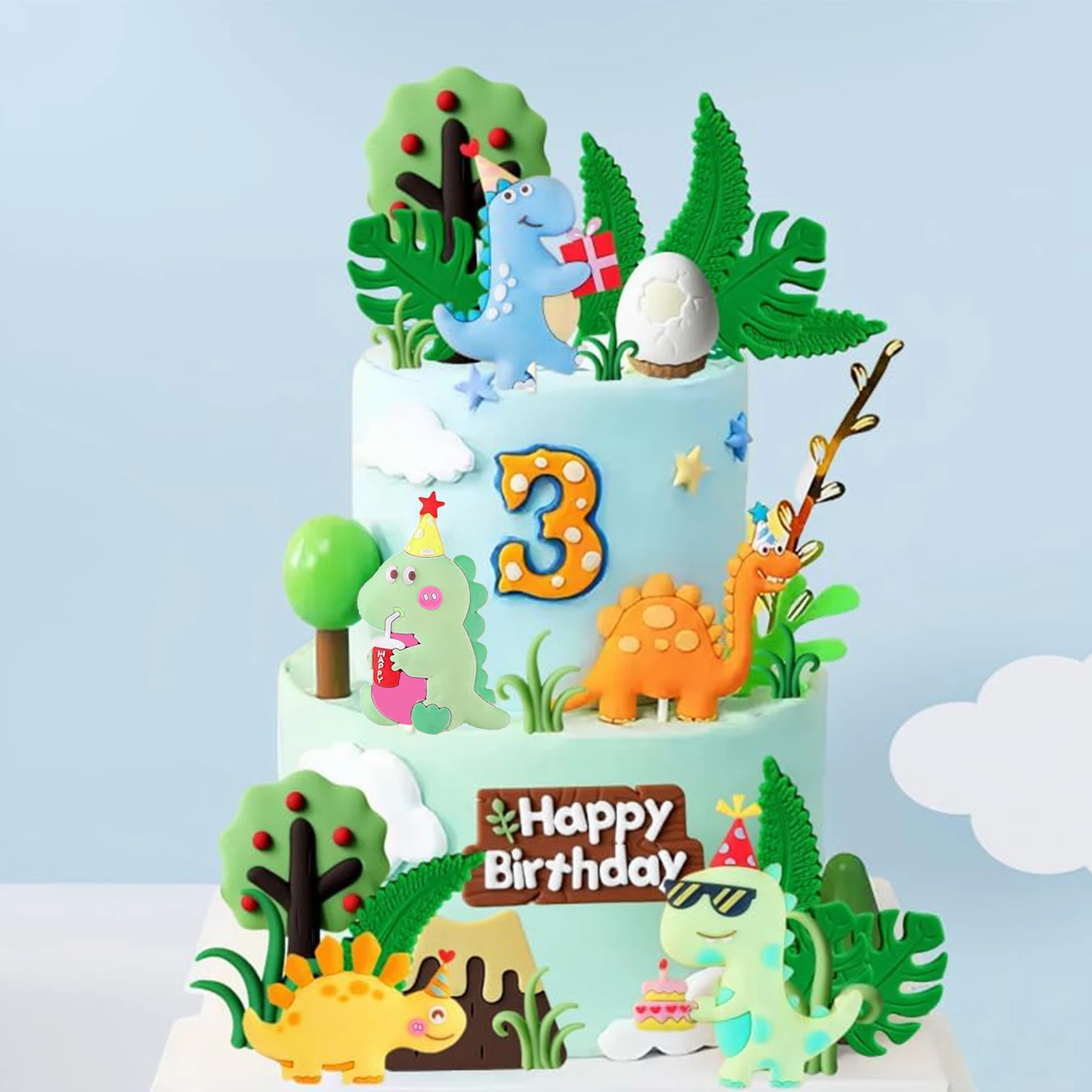 15 Stück Cartoon-Dinosaurier-Kuchenaufsätze, niedliche Dino-Ei-Blätter, Gras, Vulkan-Kuchendekorationen für Kindergeburtstag, Babyparty, Dinosaurier – Detail 14