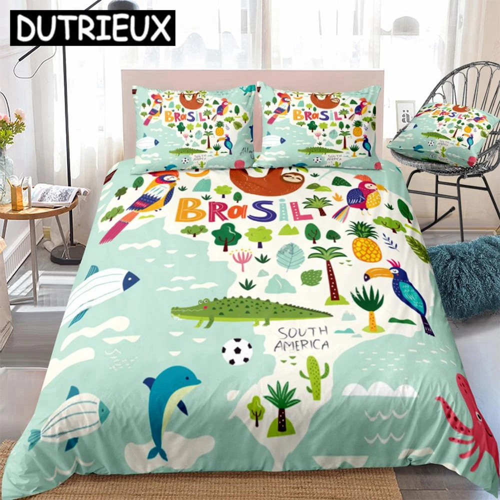 

Brazil Map Duvet Cover Set Cartoon Animals Bedding Kids Boys Girls Tropical Botanical Quilt Cover Queen Bed Set 3pcs Dropship