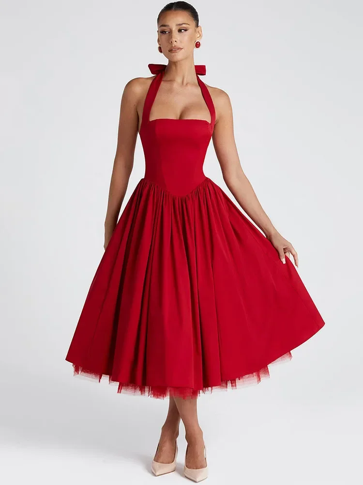 

Halter Backless A-line Club Midi Dress Women Fashion Elegant Square Collar Sleeveless High Waist Party Pleated Dress