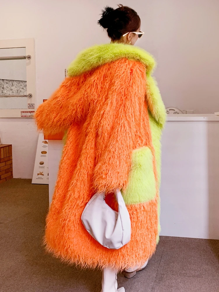 Original Design Orange Faux Fur Coat Femal Eco-friendly Loose lapel Long Jacket Lady Shaggy Outerwear Women's Winter Coats