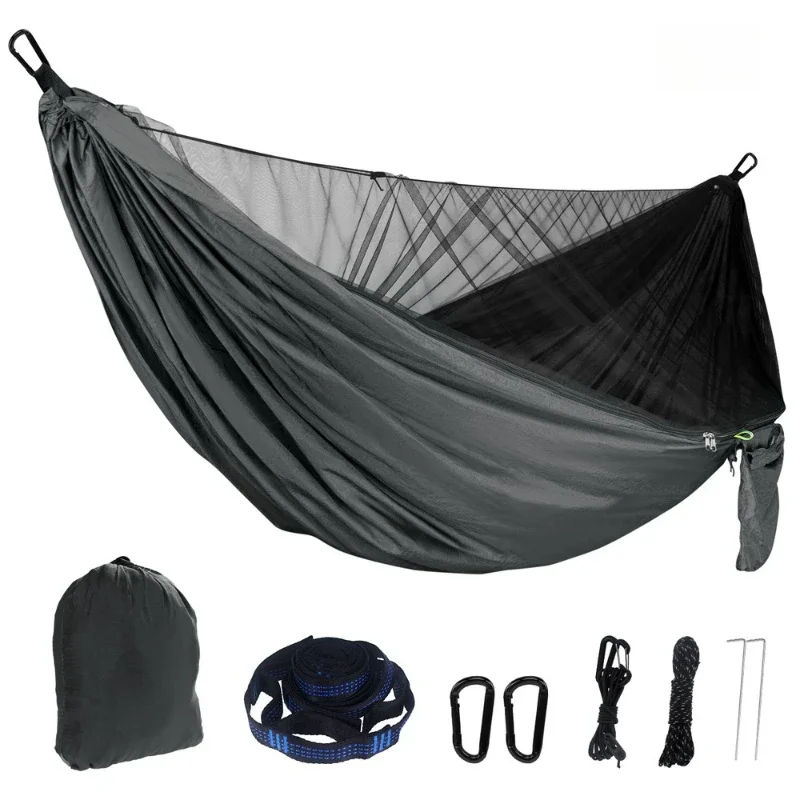 Pull Rope Mosquito Net Hammock Outdoor Mosquito Proof Camping Hanging Bed Parachute Cloth Nylon Hammock Encrypted Mesh Swing Bed