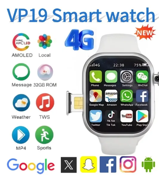 

Новые умные часы VP19 2025, совместимые с Android IOS, 4G, полная сетевая связь, Wi-Fi, независимая вращающаяся камера с SIM-картой