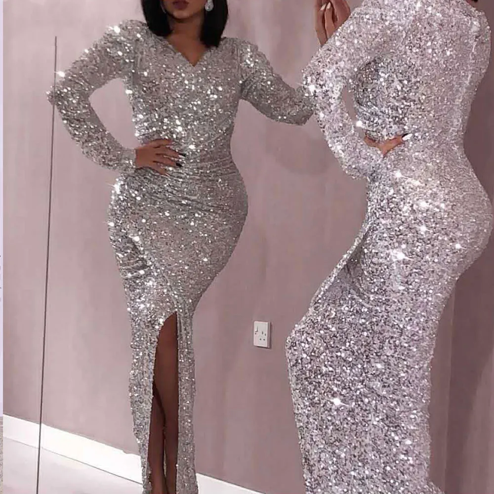 

VInca Sunny Customized Silver Sequin Mermaid Evening Dresses 2025 V Neck Long Sleeves Woman Formal Party Prom vestidos de noche