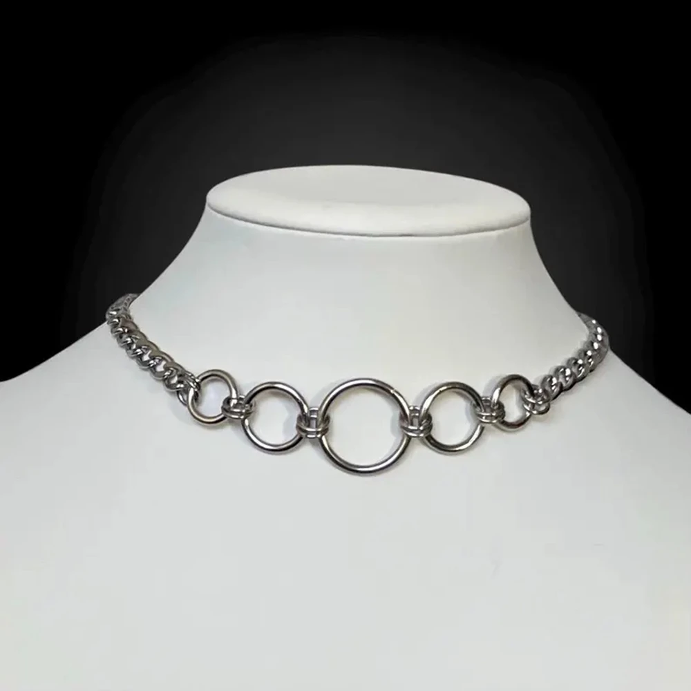 Goth Stainless Steel Curb Chain Circle Choker Necklace for Women Grunge Alternative Collar Adjustable Length