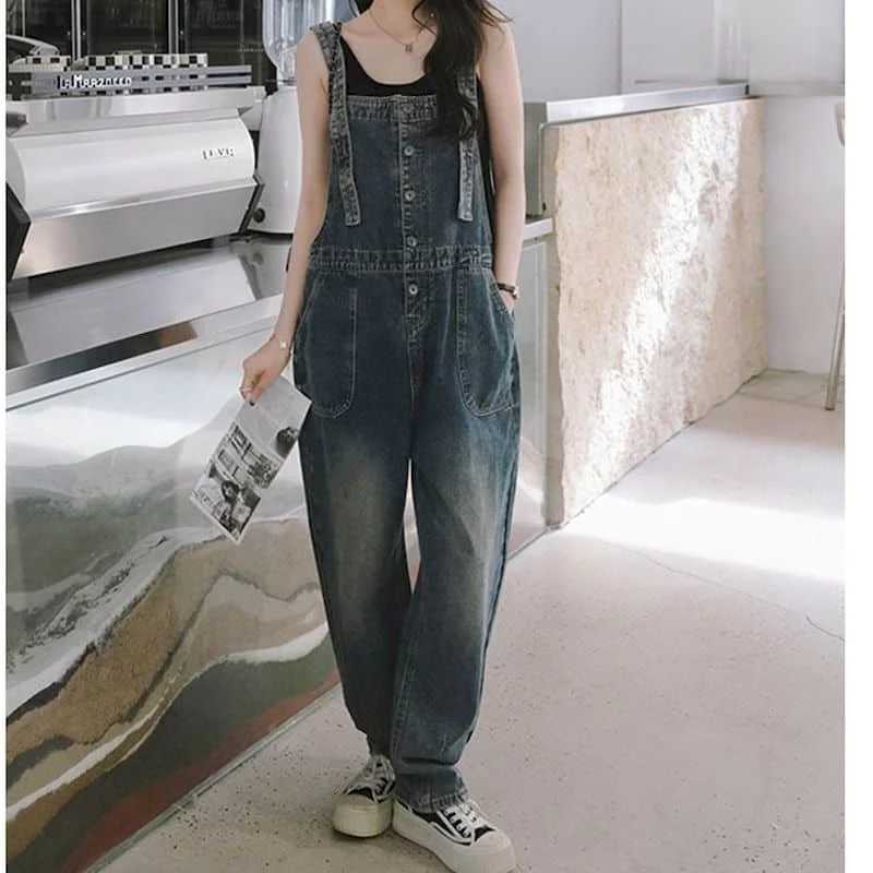 

Denim Jumpsuits Casual High Waisted Pants Korean Style Fashion Jeans One Piece Outfits Women Clothing Loose Vintage Blue Rompers