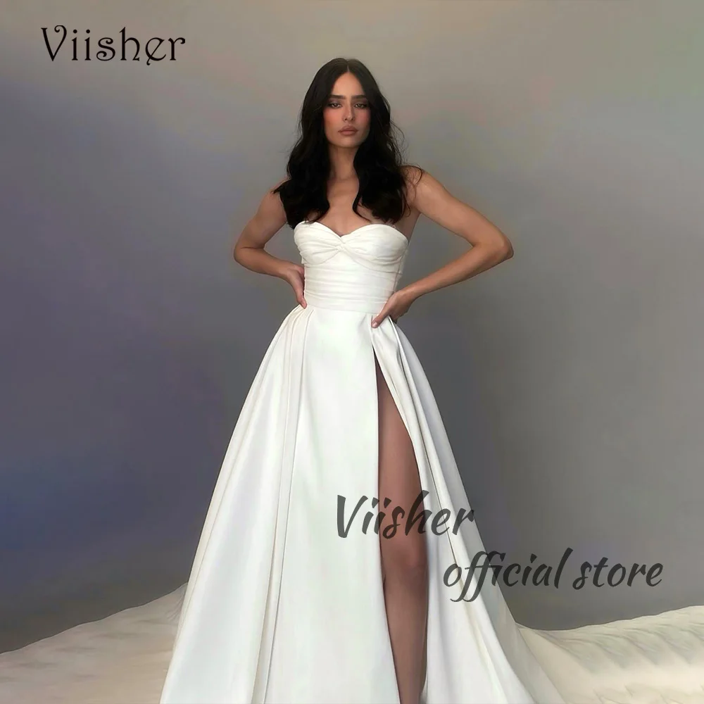 

Viisher White Satin A Line Wedding Dresses for Bride Sweetheart High Split Beach Bridal Gowns with Train Long Bride Dress