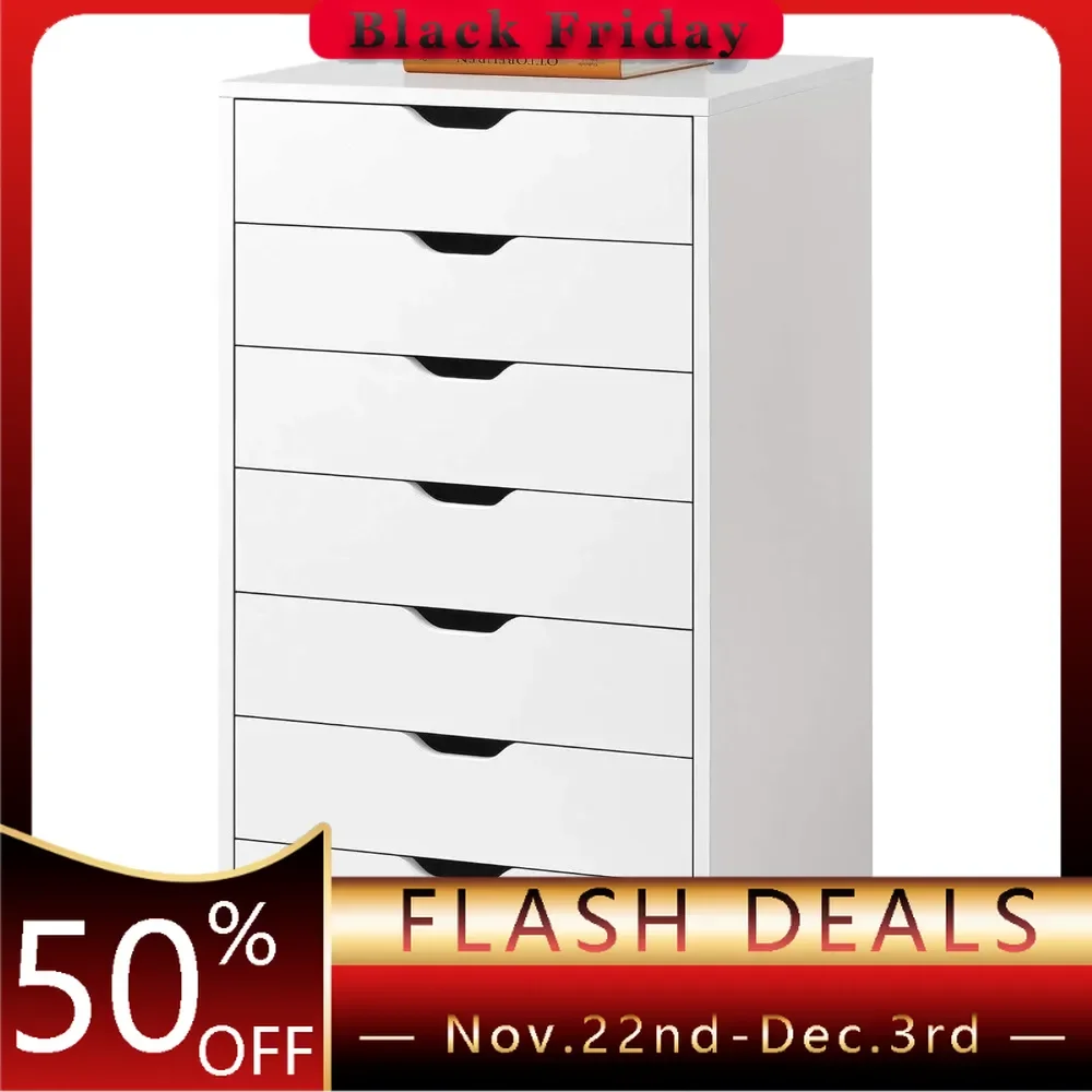 7-Drawer Chest,Wood Storage Dresser File Cabinet with Wheels,ECO-friendly Board Is Scratch Resistant and Water Resistant White