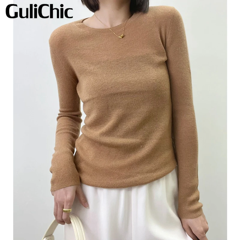 12.1 GuliChic Cashmere Classic Fashion Solid Color Stretch Slim Thin Knitted Pullover Sweater Knitwear Top Women