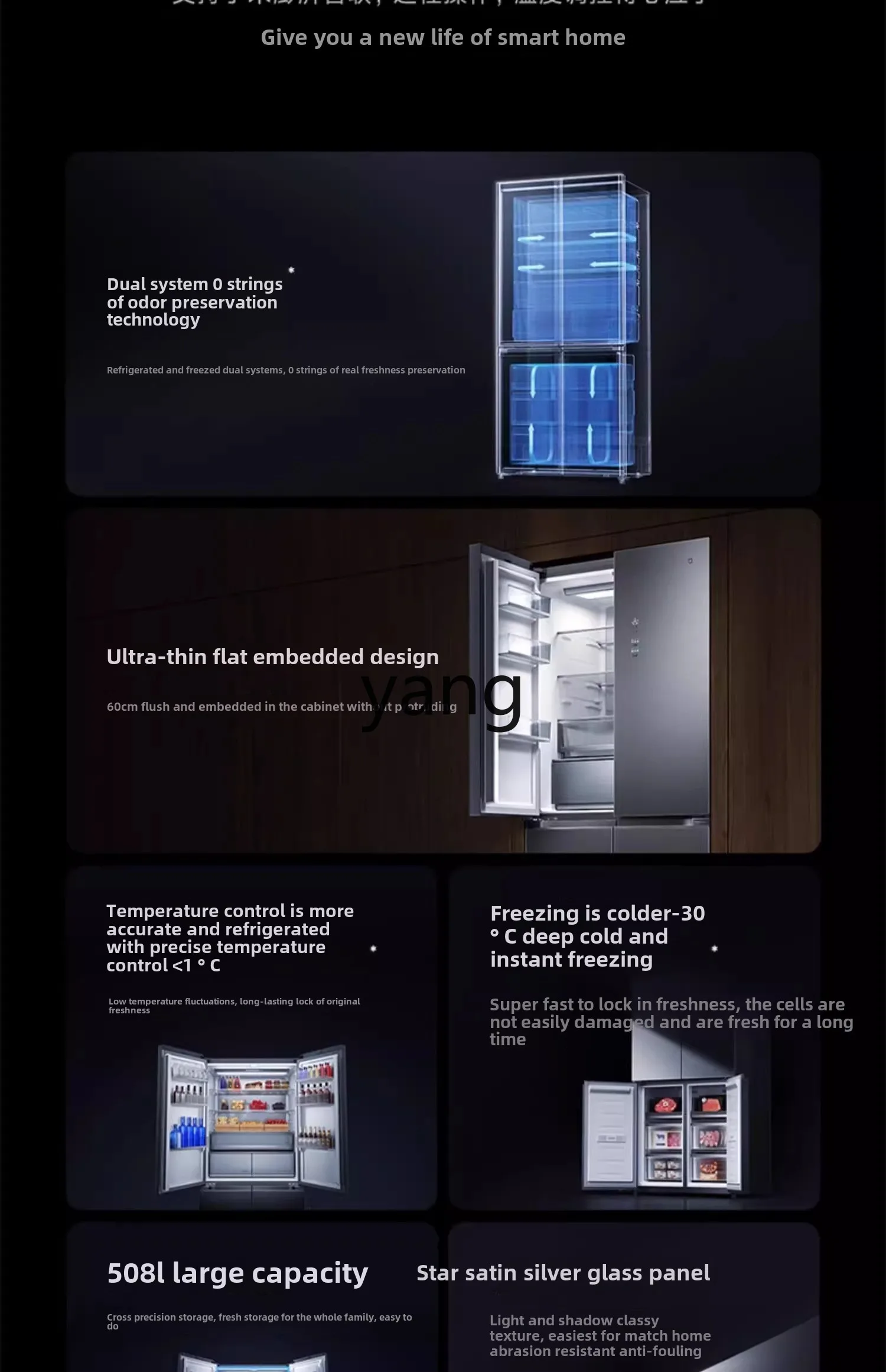 LMM508L frigorifero incorporato raffreddato ad aria a quattro porte a croce per uso domestico di prima classe, efficienza energetica