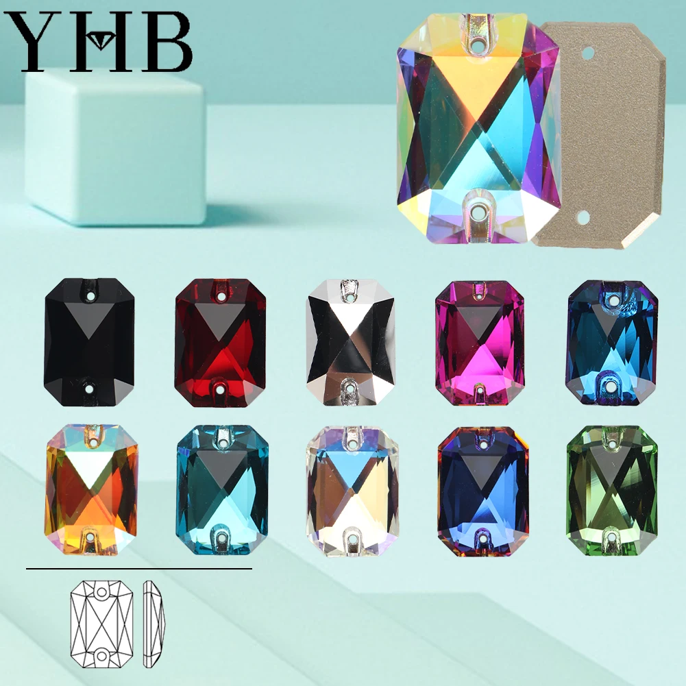 YHB Emerald Cut Glass Siam Aquamarine Crystal AB Sewing Stones Flatback Sew on Rhinestones For Garment Clothes Bags