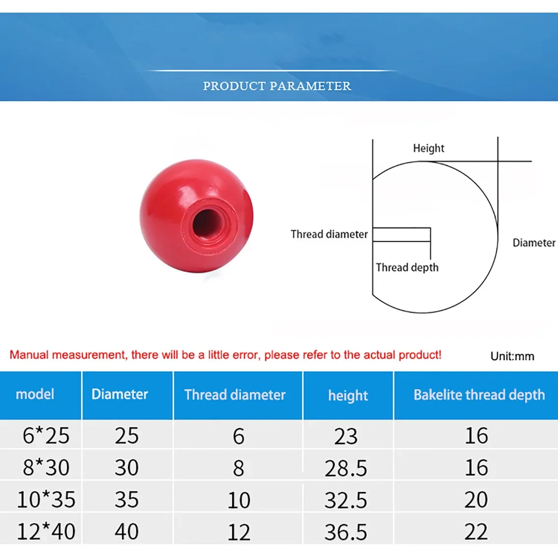 M4 M5 M6 M8 M10 M12 Red Black Copper Core/Bakelite Core/Iron Core Ball Lever Knob Machine Tool Replacement Round Handle