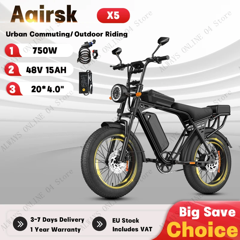 Aairsk X5 Erwachsenen-Dirtbike 750W Spitzenmotor 48V 15Ah Akku Outdoor-Elektrofahrrad 20*4,0" Reifen Elektro-Mountainbike