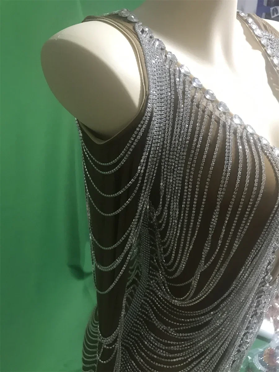 Sparkly Strass Diepe V-hals Vrouwen Verjaardag Lange Mouw Jurk Danskostuum Nachtclub Prestaties Slijtage Valentijnsdag Outfit