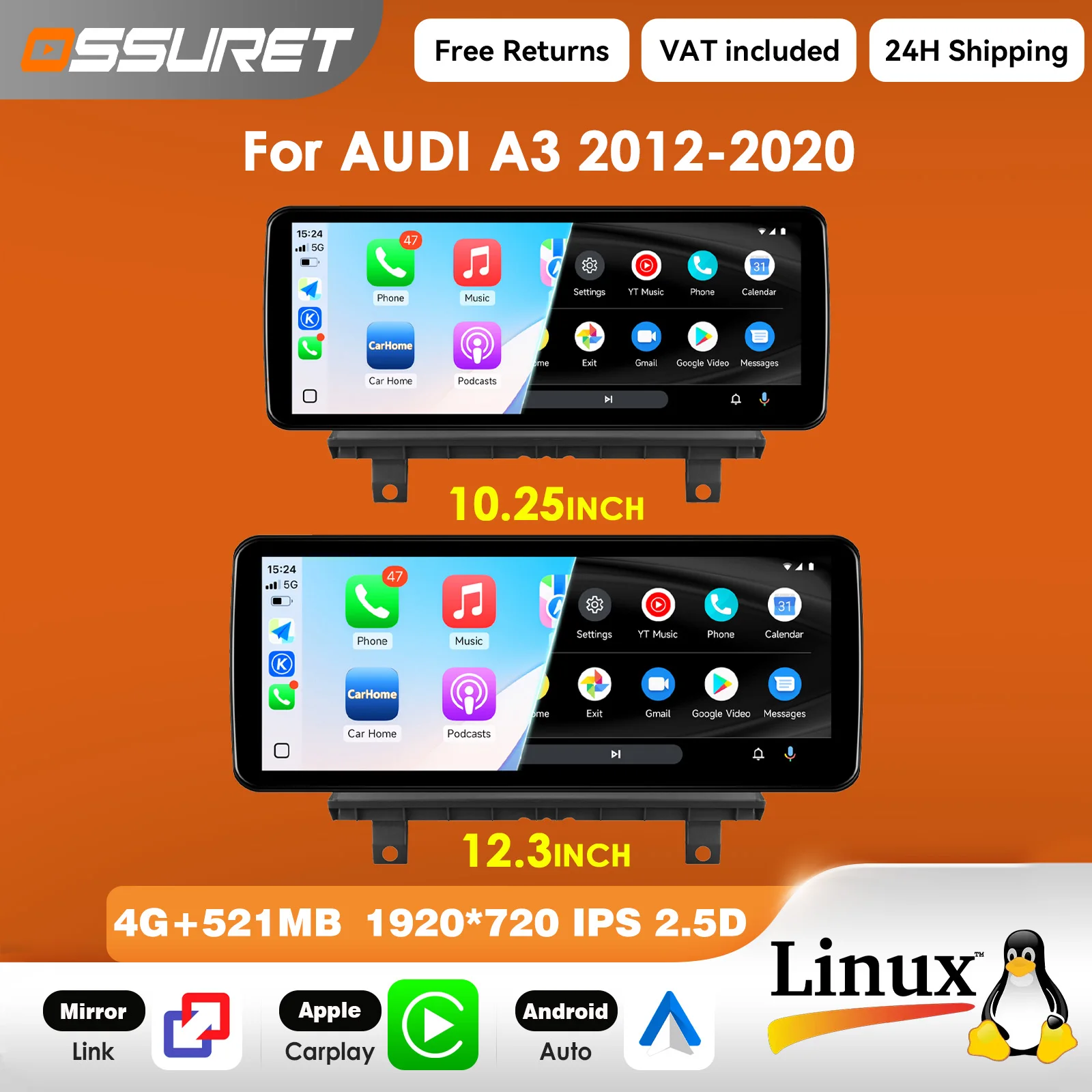 12,3-Zoll-Carplay-Linux-5.4-Autoradio für AUDI A3 8V 2013 - 2020 Multimedia-Videoplayer T113-i Dual-Core USB BT Mirror Link 10,25"-Head-Unit-Bildschirm