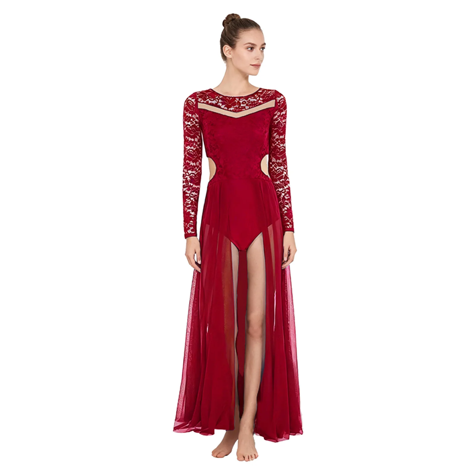 

Adults Women Lyrical Modern Dance Costume Floral Lace Cut-Out Backless Bodysuits Dress for Dance Events Stage Performance Outfit