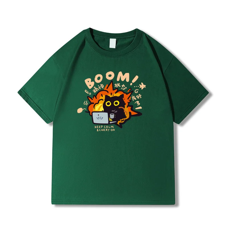 

Женские футболки с рисунком кота в корейском стиле, летние зеленые футболки из 100% хлопка, милые футболки большого размера, топ Y2k, женская одежда 2025